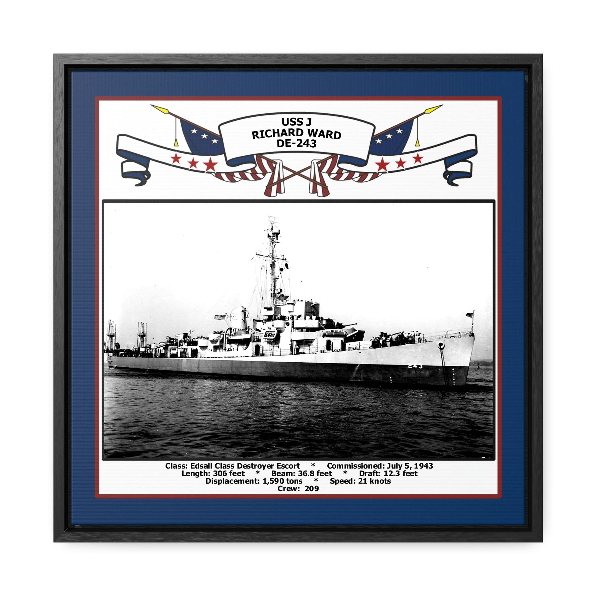 USS J Richard Ward DE-243 Navy Floating Frame Photo Front View