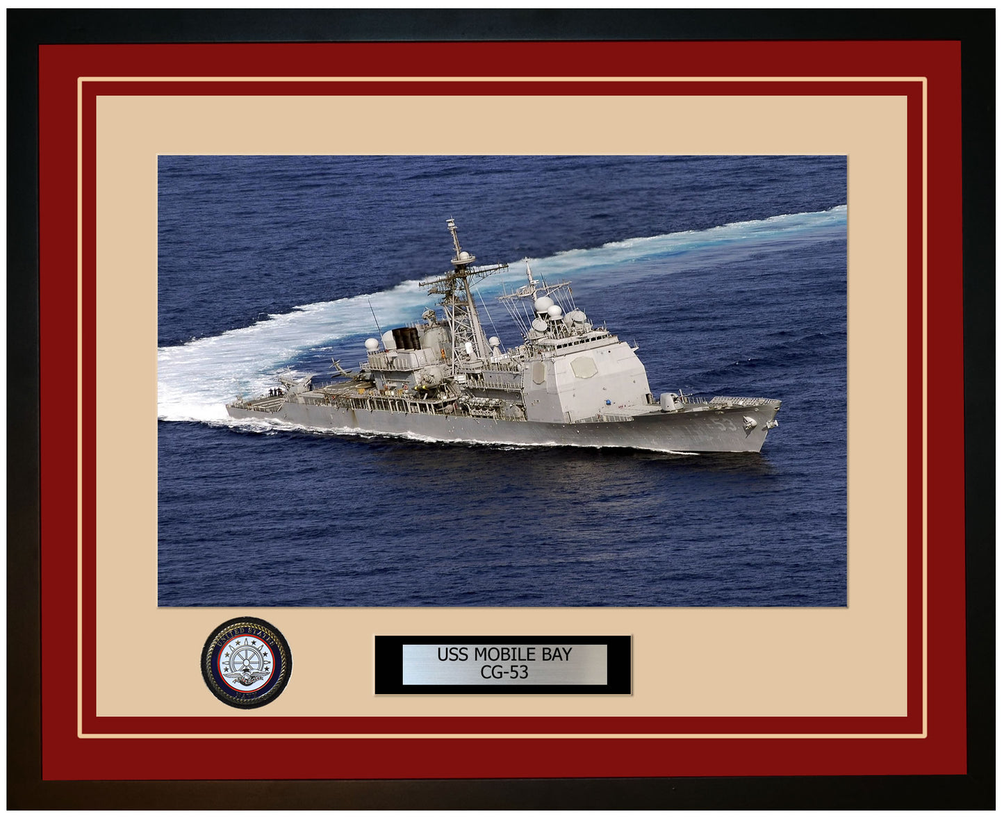 USS MOBILE BAY CG-53 Framed Navy Ship Photo Burgundy