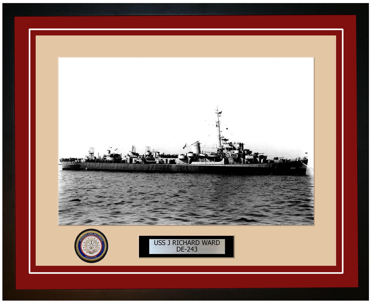 USS J Richard Ward DE-243 Framed Navy Ship Photo Burgundy