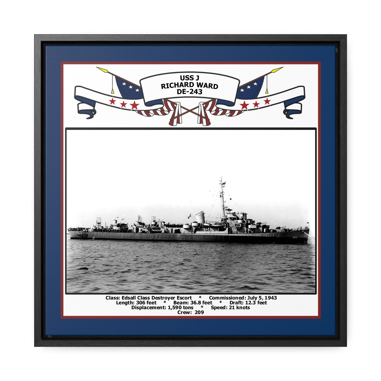 USS J Richard Ward DE-243 Navy Floating Frame Photo Front View
