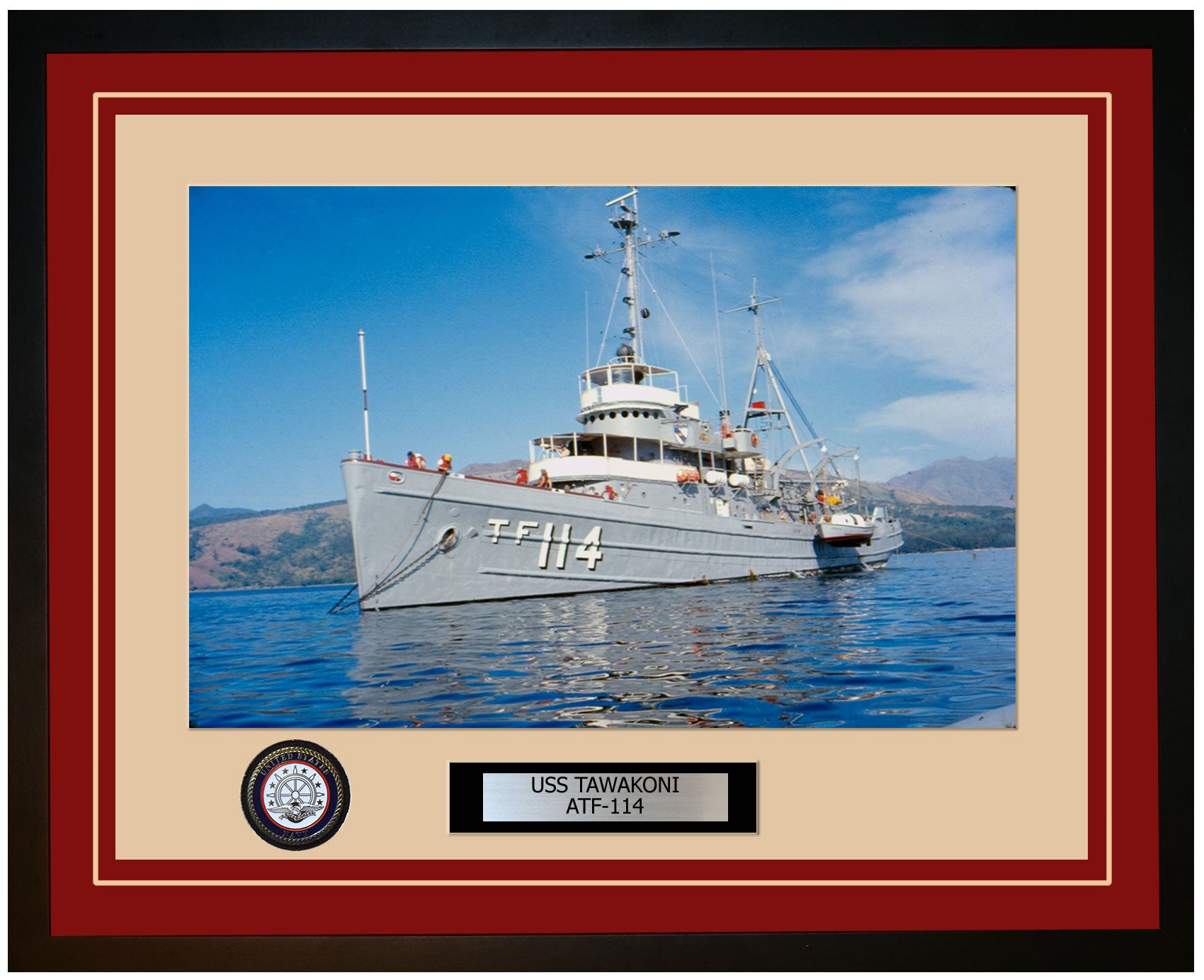 USS TAWAKONI ATF-114 Framed Navy Ship Photo Burgundy