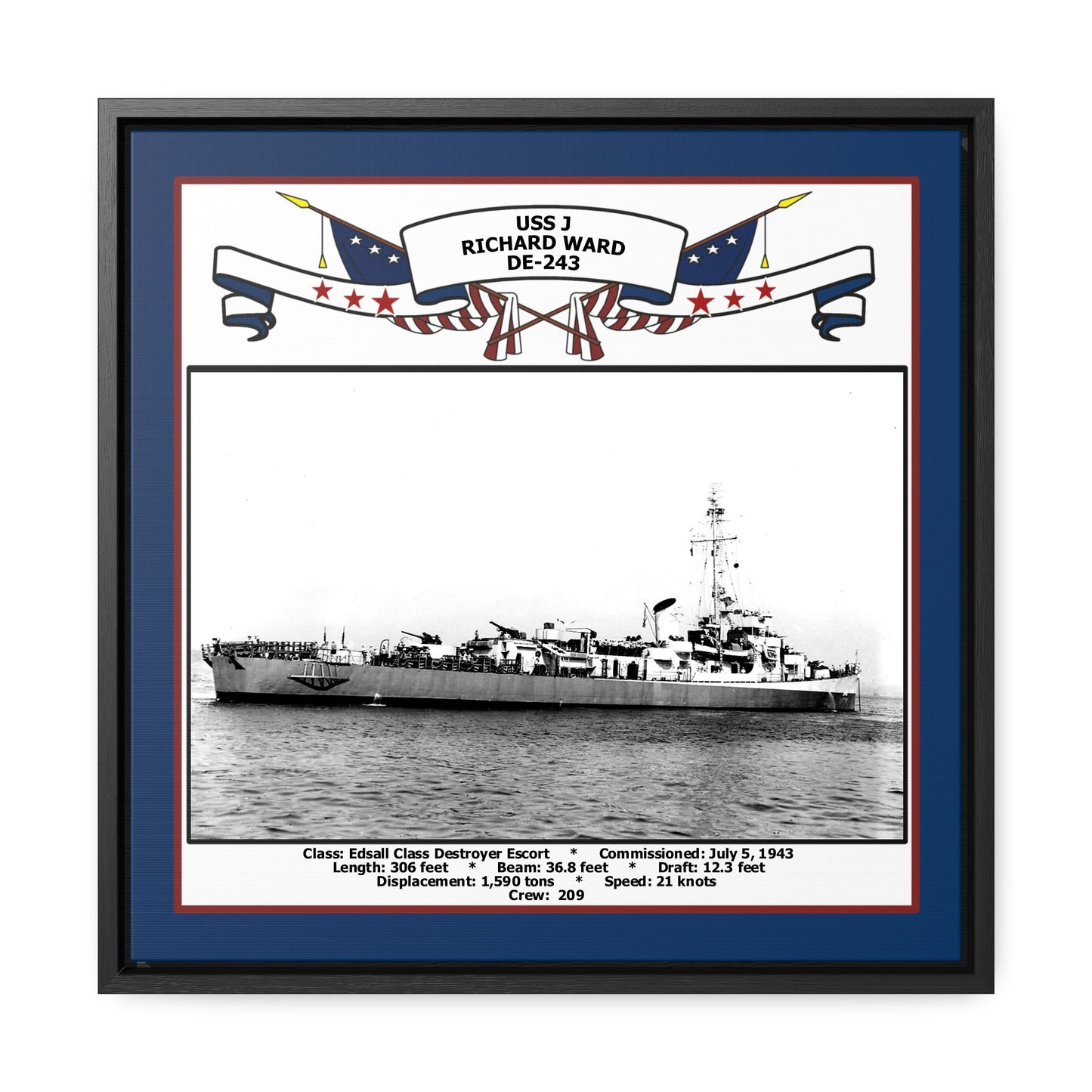 USS J Richard Ward DE-243 Navy Floating Frame Photo Front View