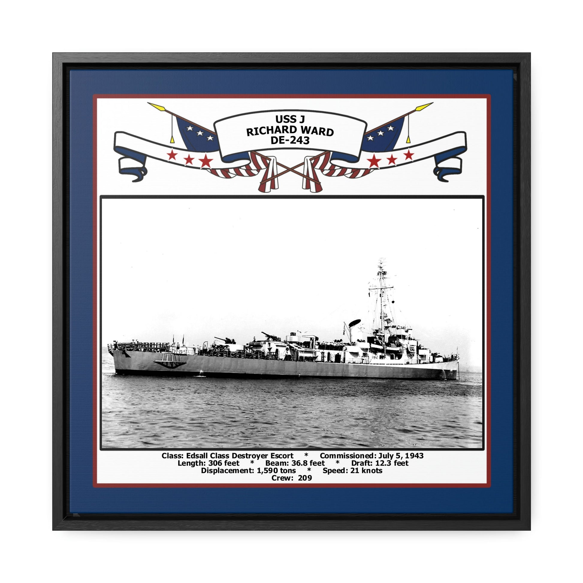 USS J Richard Ward DE-243 Navy Floating Frame Photo Front View