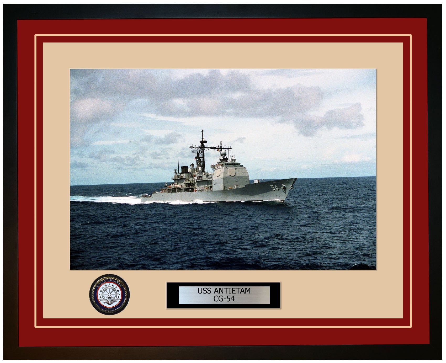 USS ANTIETAM CG-54 Framed Navy Ship Photo Burgundy