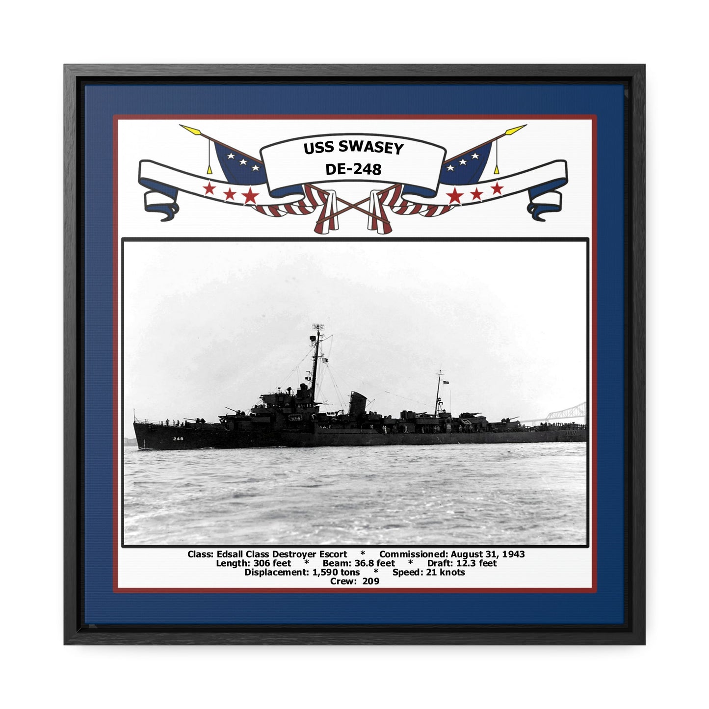 USS Swasey DE-248 Navy Floating Frame Photo Front View