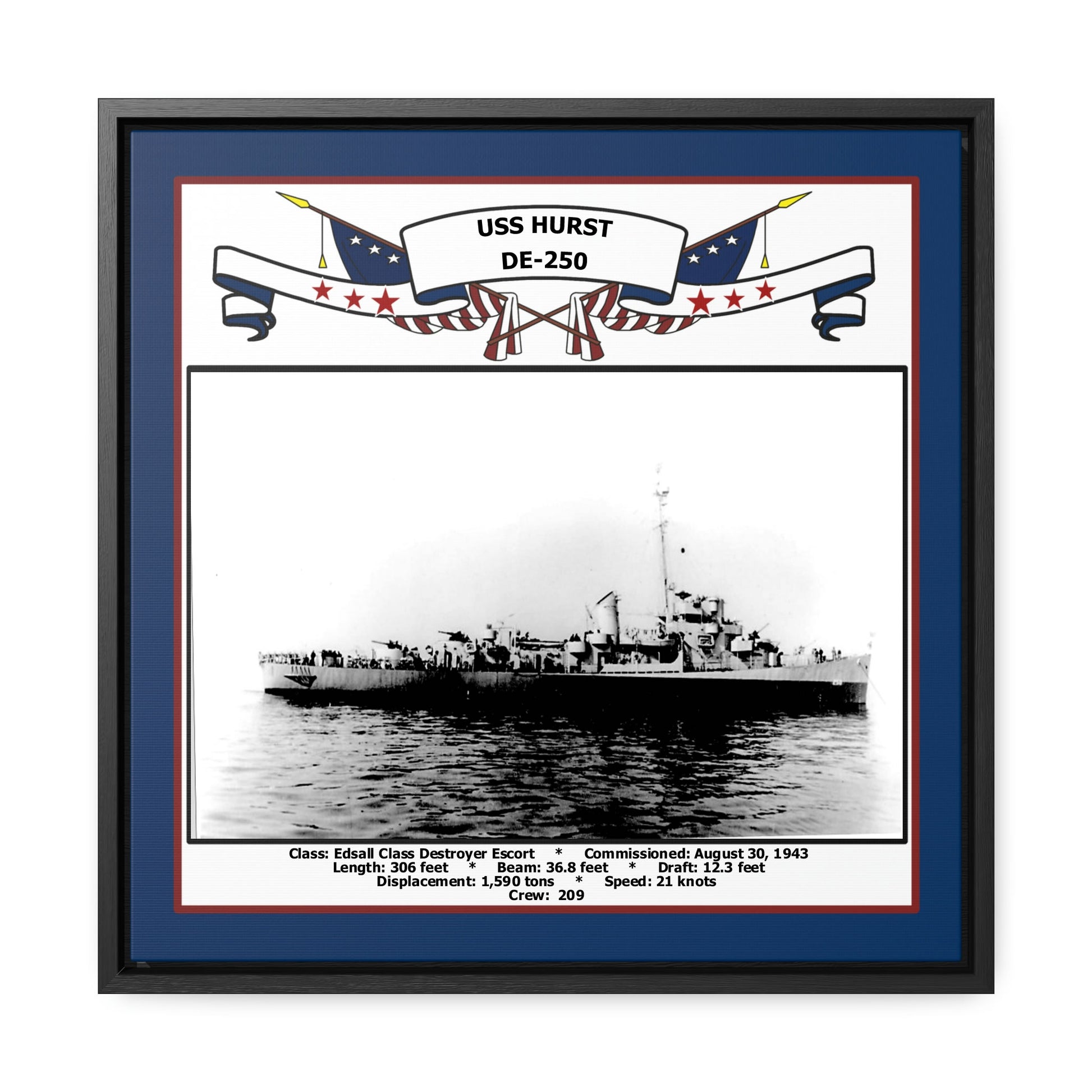 USS Hurst DE-250 Navy Floating Frame Photo Front View