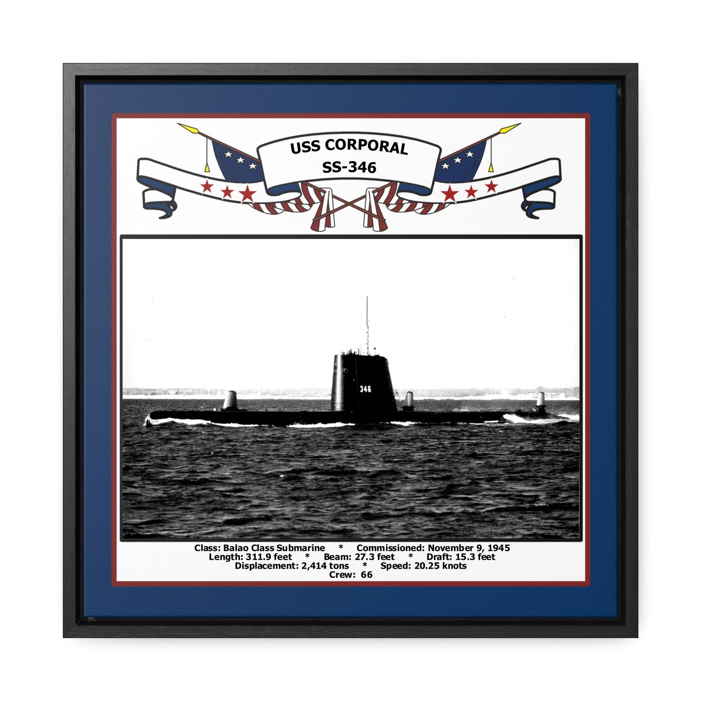 USS Corporal SS-346 Navy Floating Frame Photo Front View
