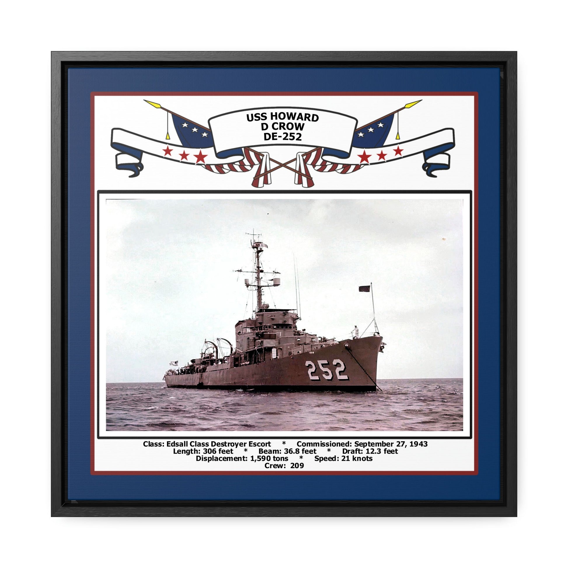 USS Howard D Crow DE-252 Navy Floating Frame Photo Front View