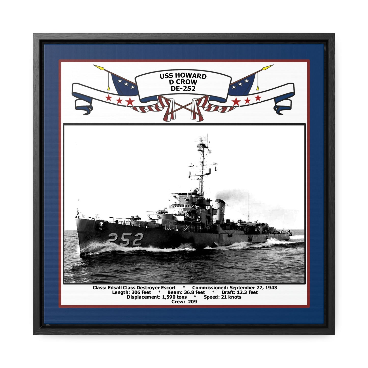 USS Howard D Crow DE-252 Navy Floating Frame Photo Front View