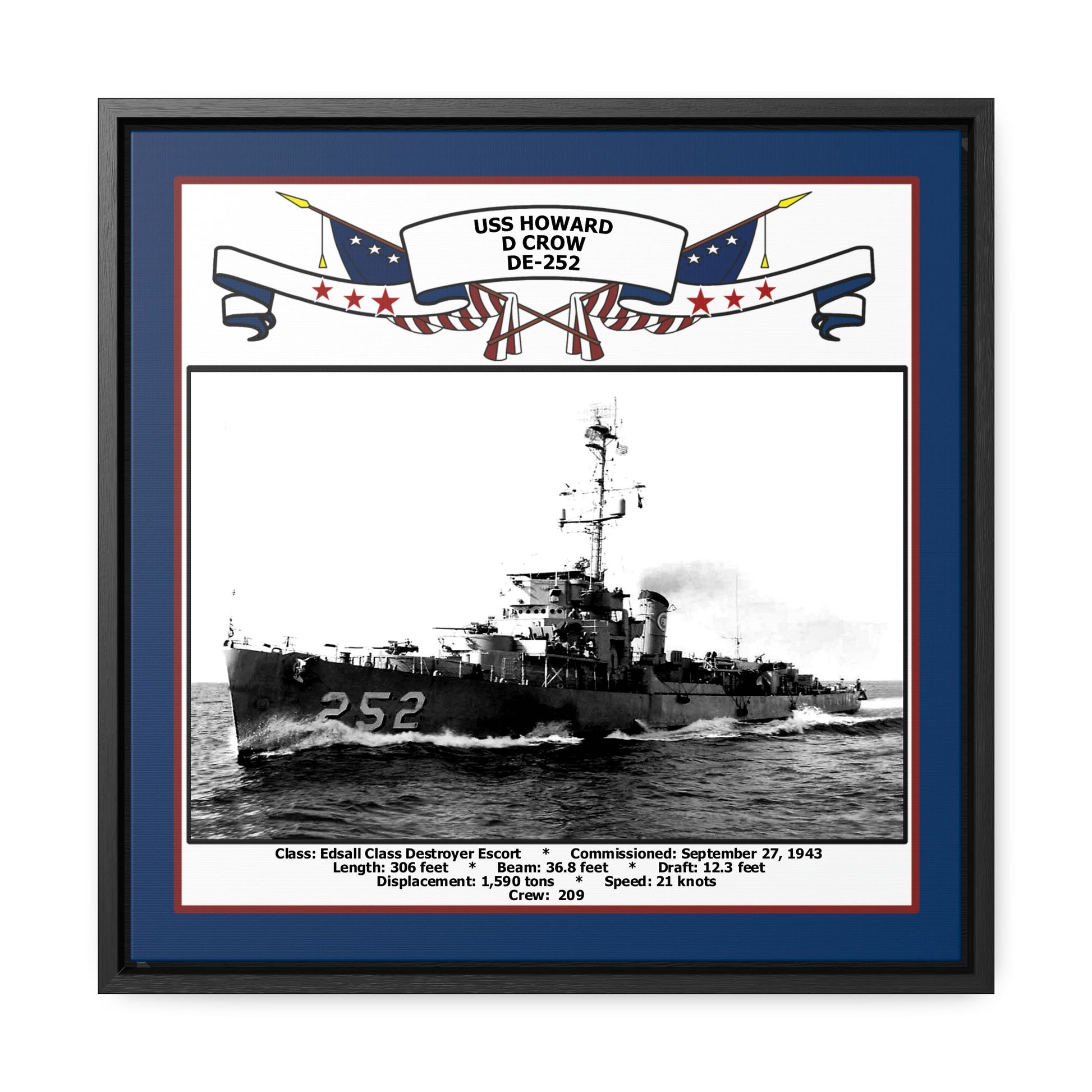 USS Howard D Crow DE-252 Navy Floating Frame Photo Front View
