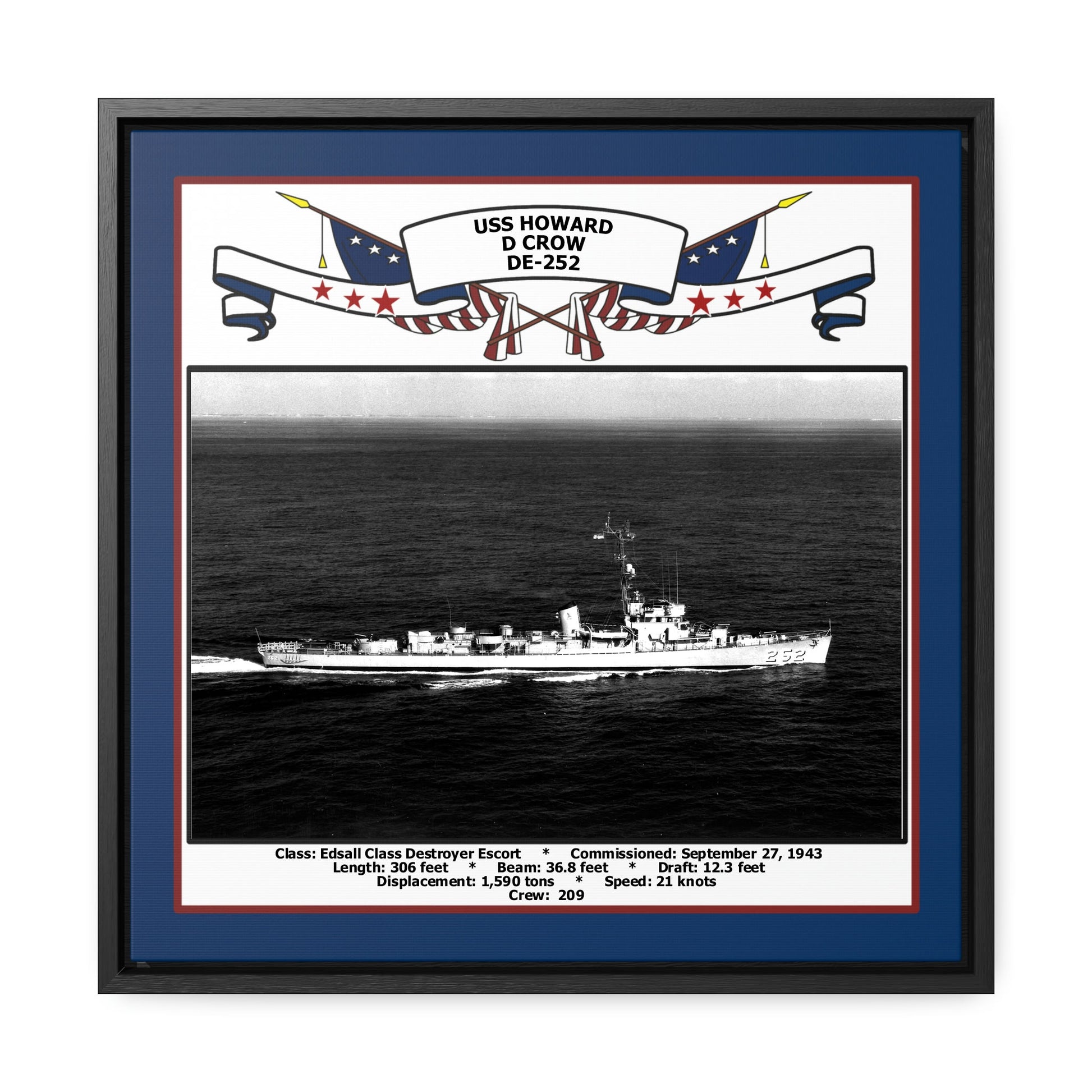 USS Howard D Crow DE-252 Navy Floating Frame Photo Front View