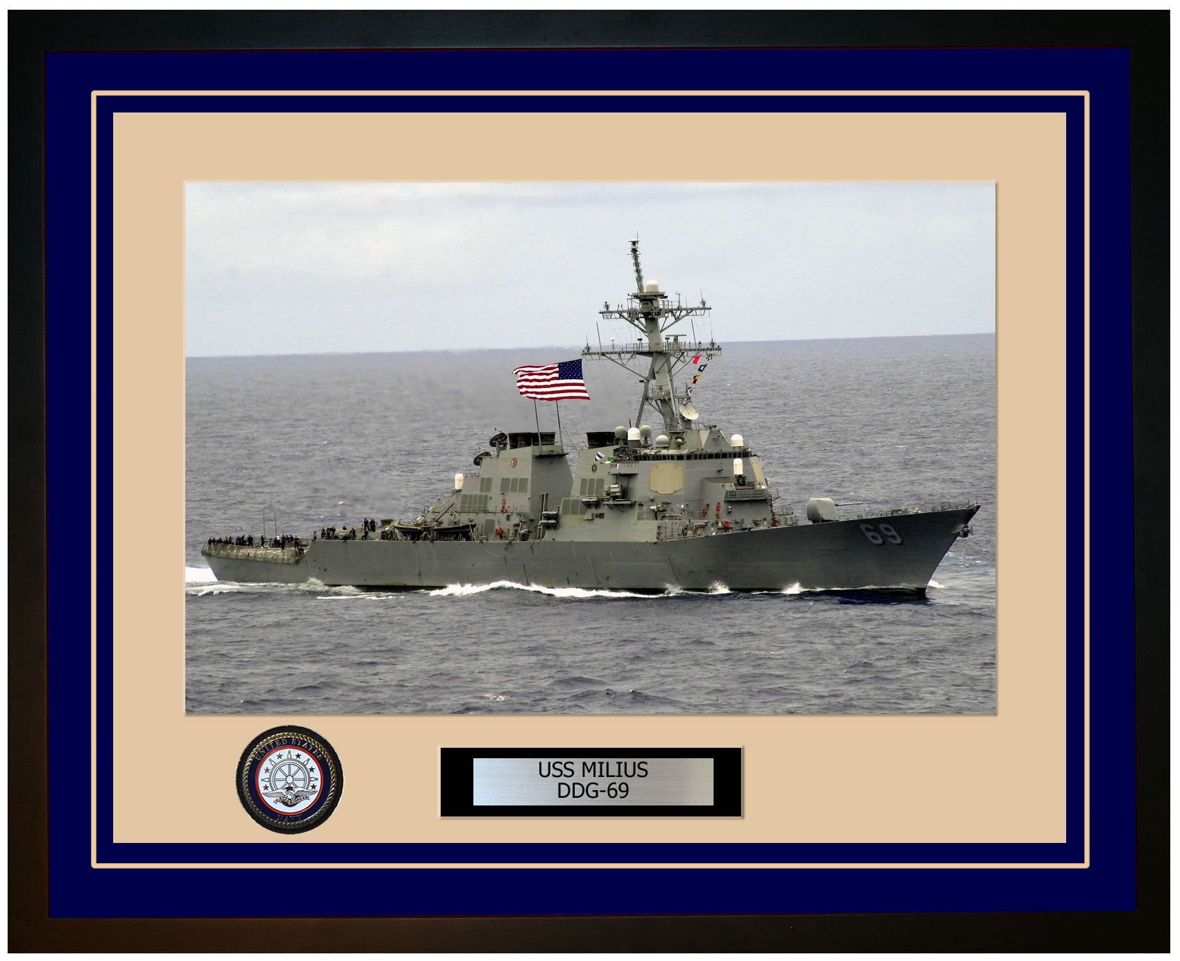 USS MILIUS DDG-69 Framed Navy Ship Photo Blue