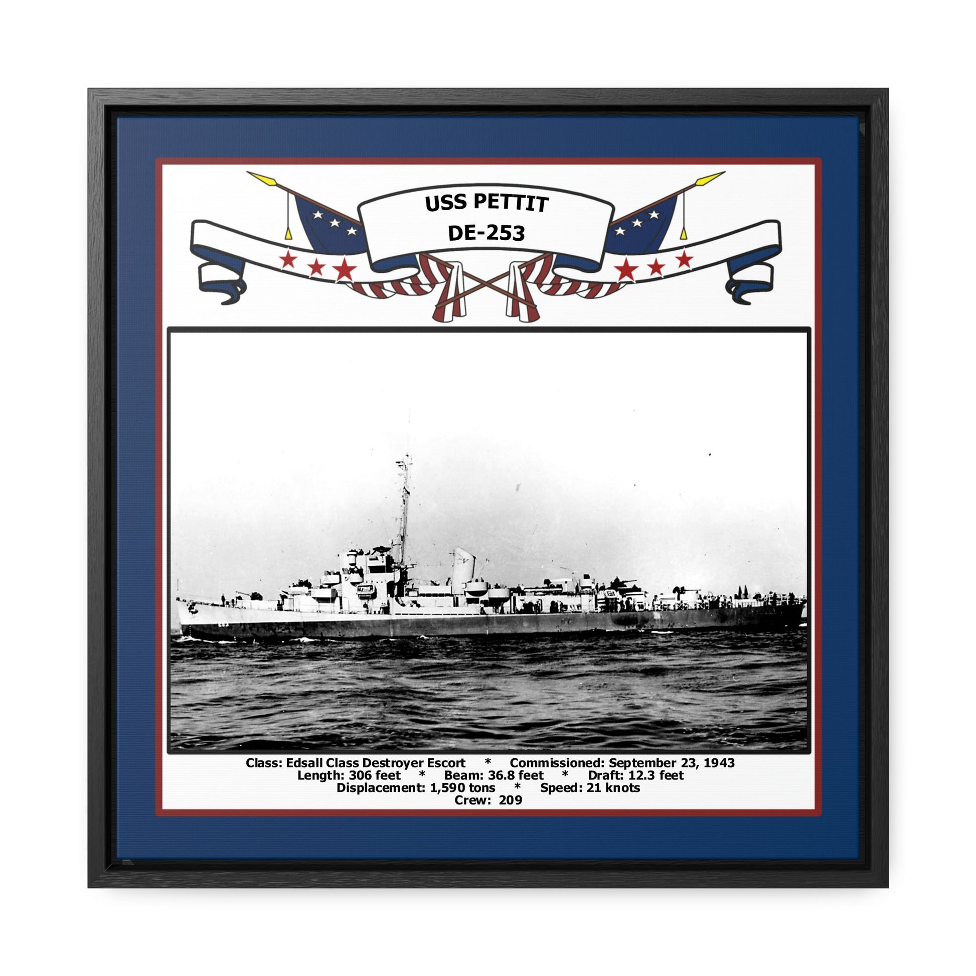 USS Pettit DE-253 Navy Floating Frame Photo Front View