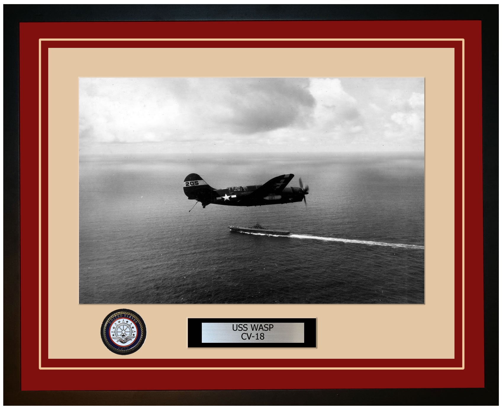 USS WASP CV-18 Framed Navy Ship Photo Burgundy
