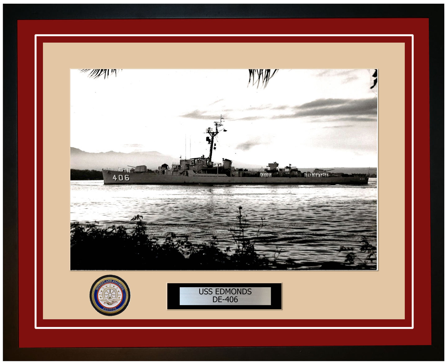 USS Edmonds DE-406 Framed Navy Ship Photo Burgundy
