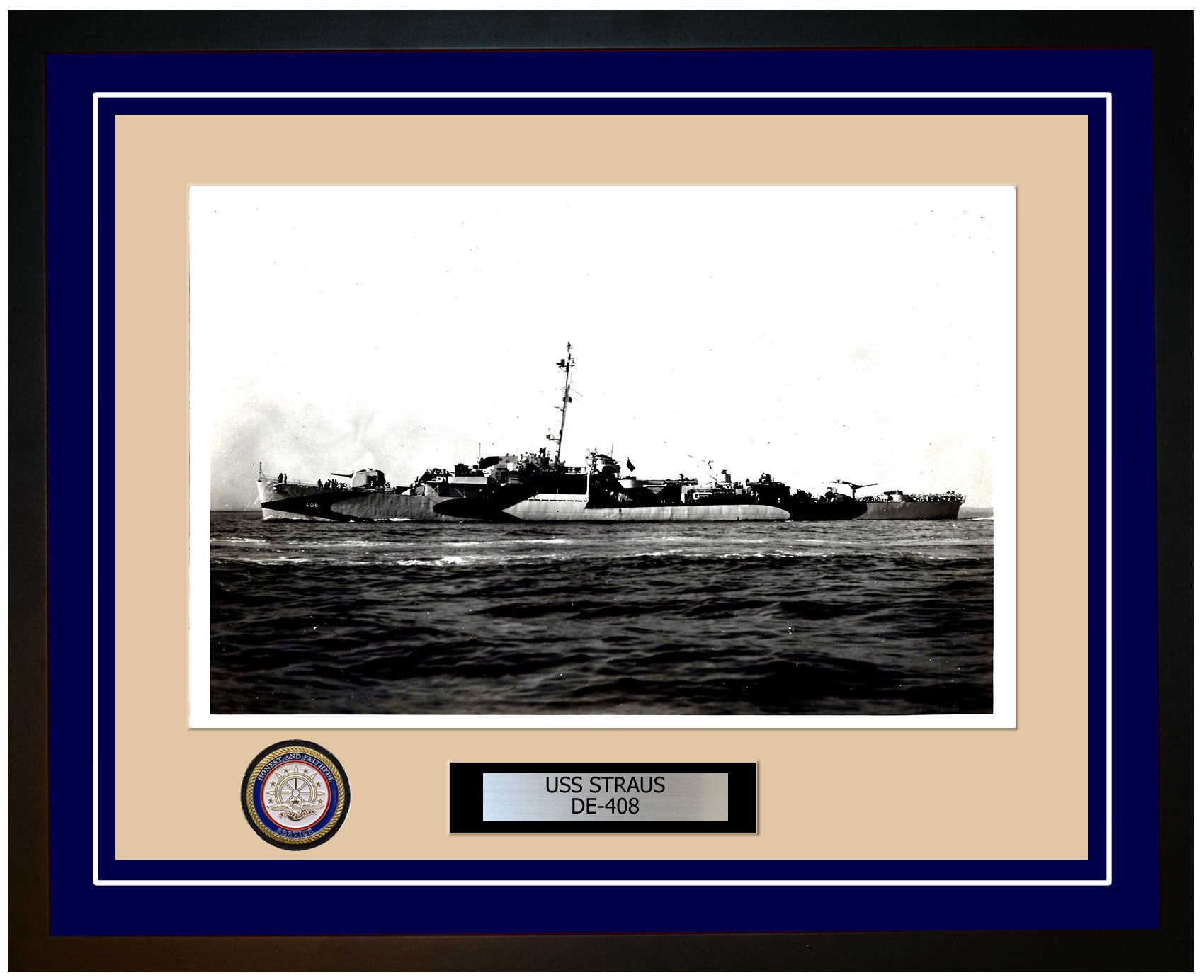 USS Straus DE-408 Framed Navy Ship Photo Blue