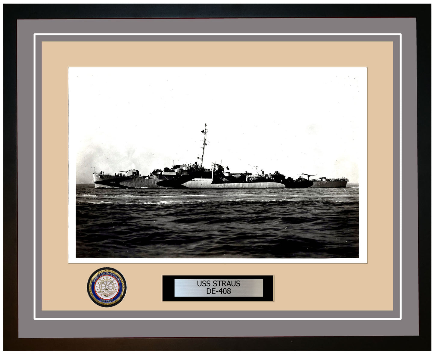 USS Straus DE-408 Framed Navy Ship Photo Grey