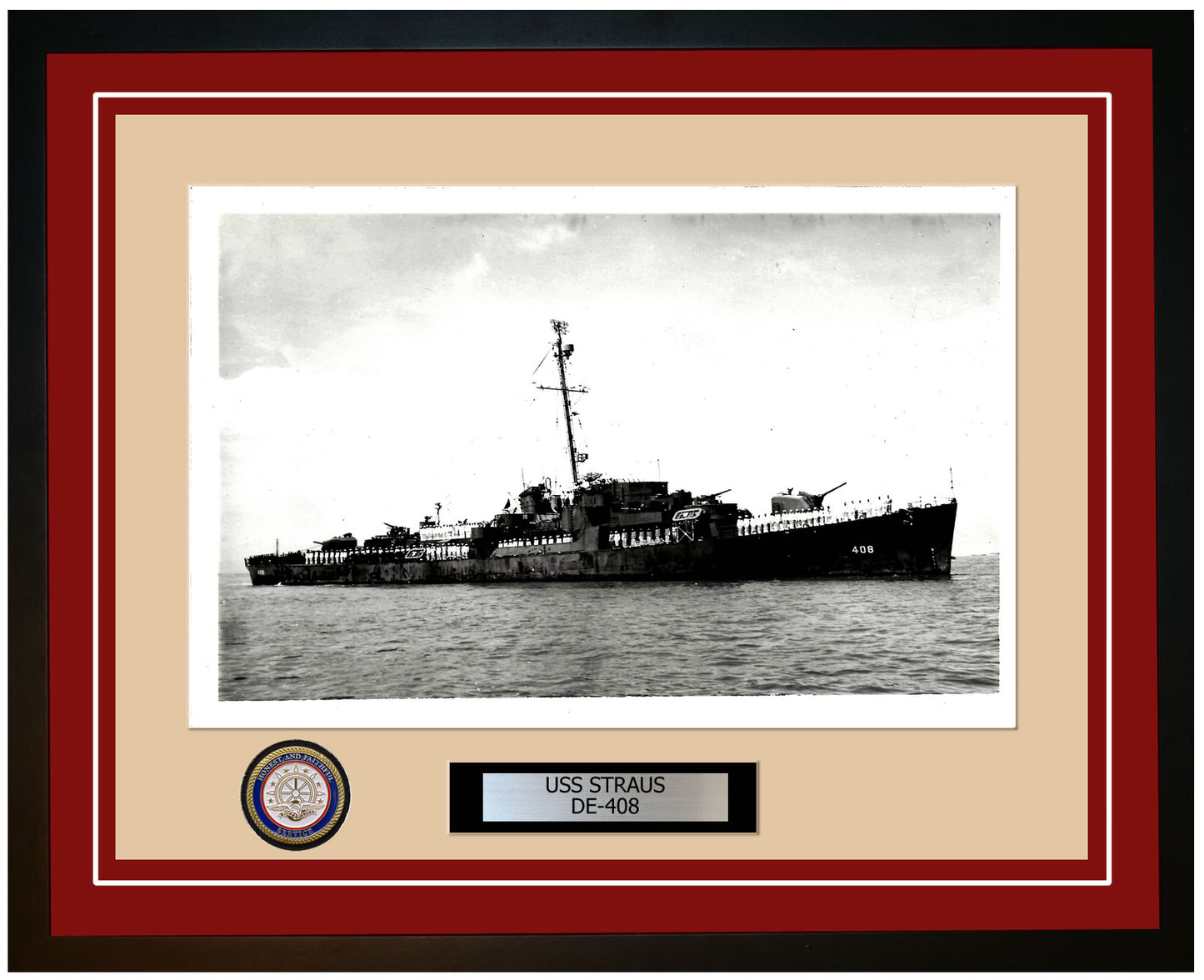 USS Straus DE-408 Framed Navy Ship Photo Burgundy