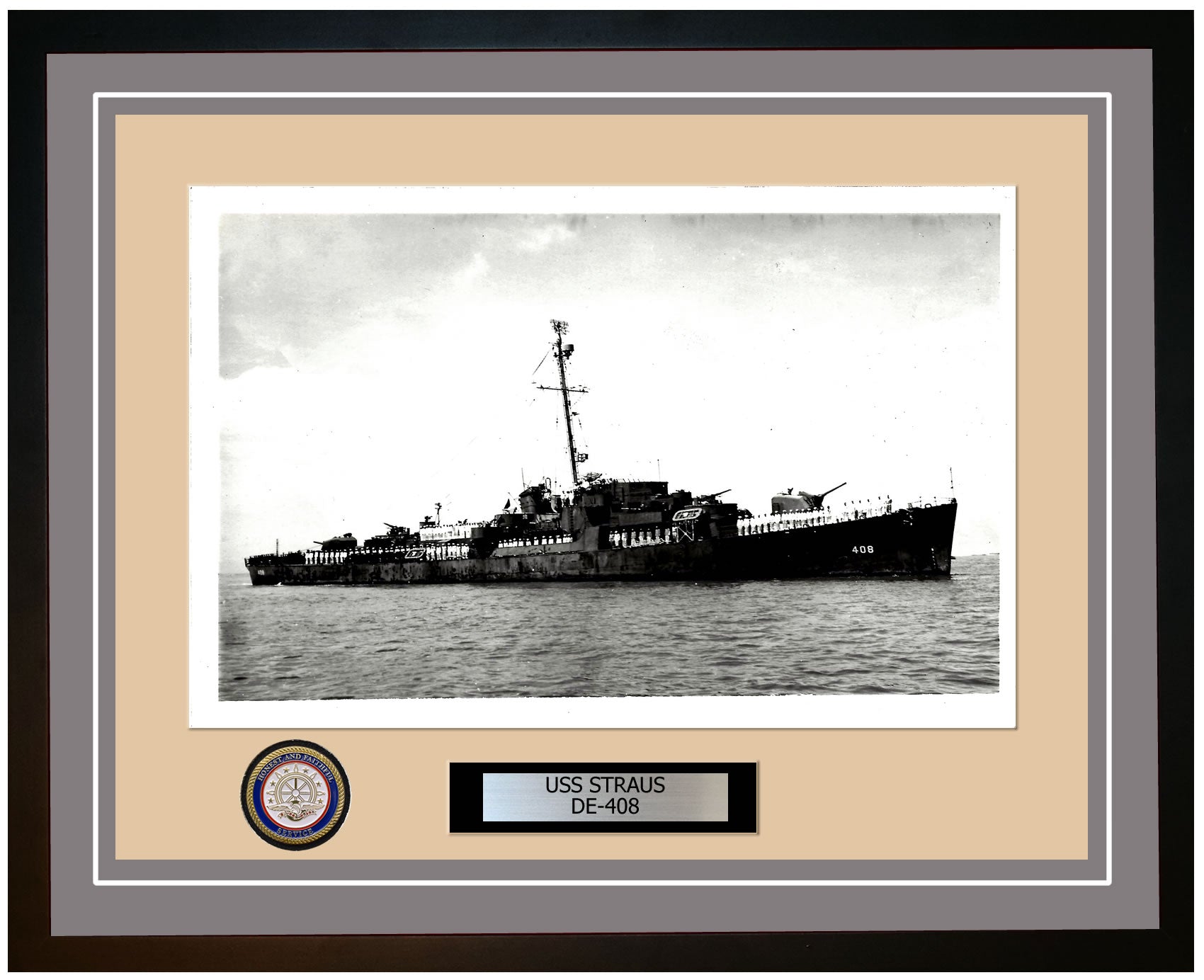 USS Straus DE-408 Framed Navy Ship Photo Grey
