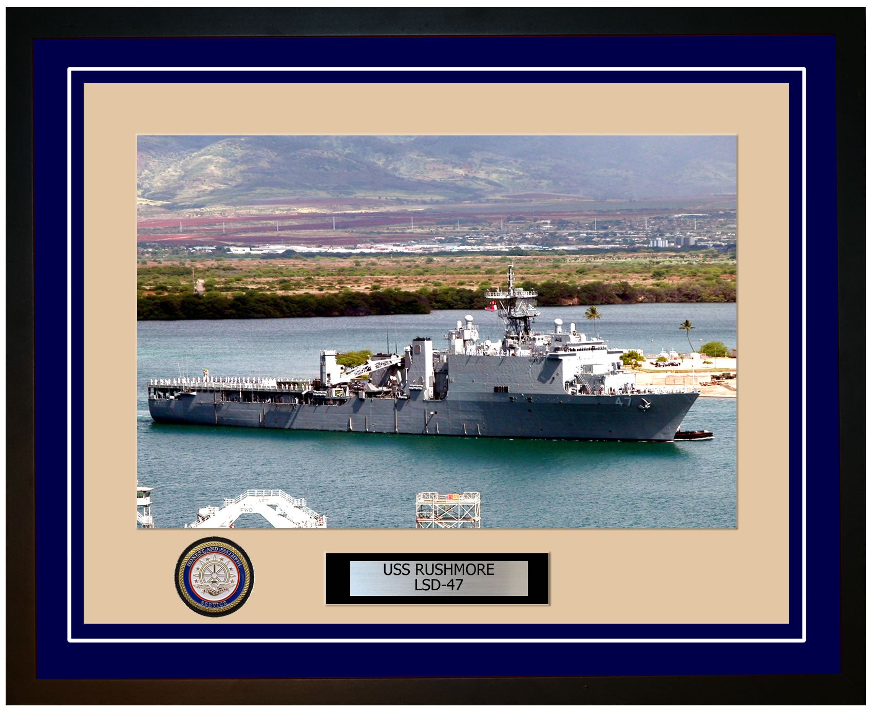 USS Rushmore LSD-47 Framed Navy Ship Photo Blue