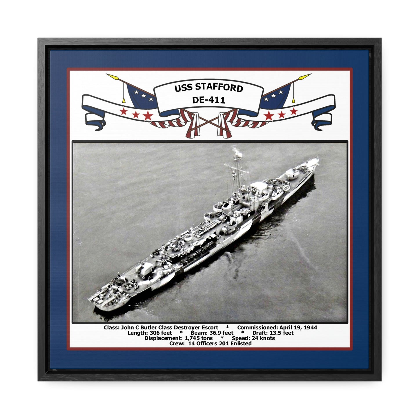 USS Stafford DE-411 Navy Floating Frame Photo Front View