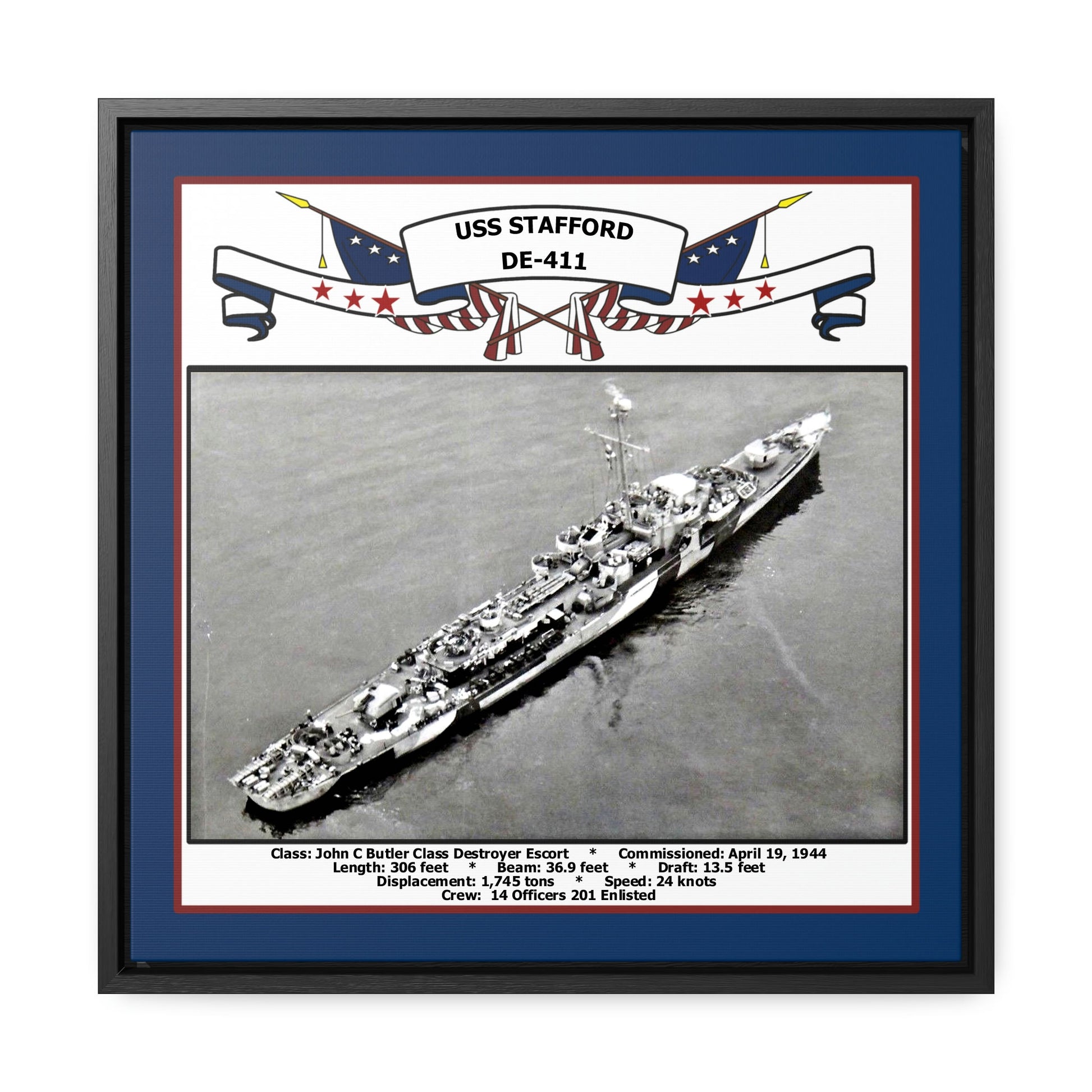USS Stafford DE-411 Navy Floating Frame Photo Front View