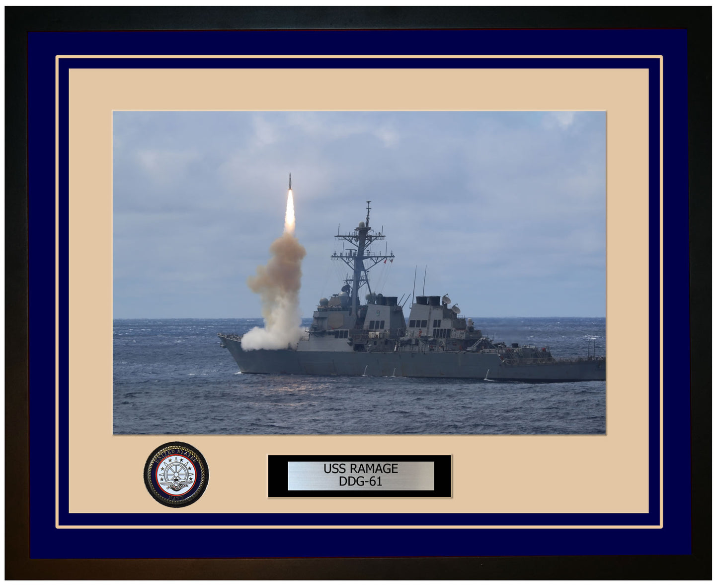 USS RAMAGE DDG-61 Framed Navy Ship Photo Blue