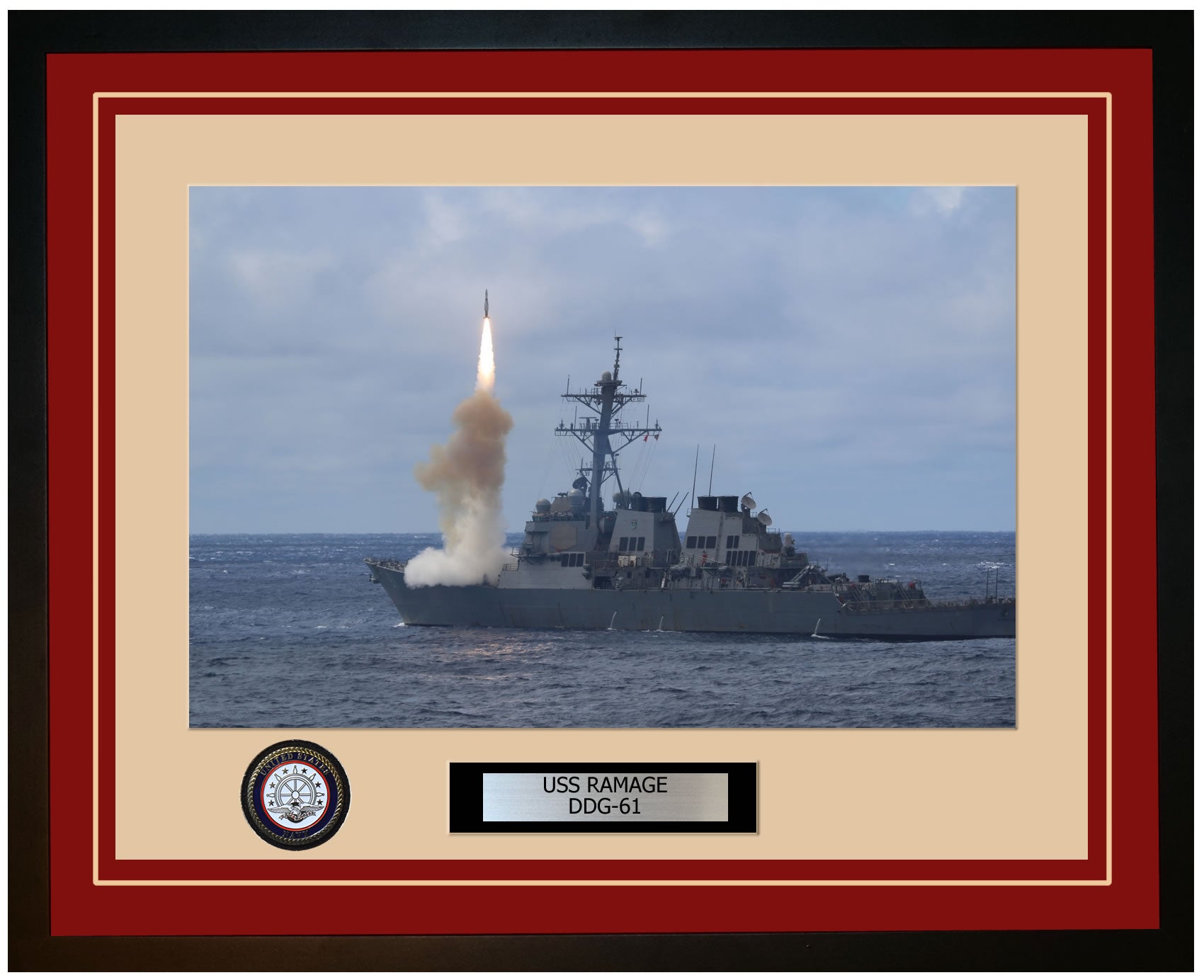 USS RAMAGE DDG-61 Framed Navy Ship Photo Burgundy