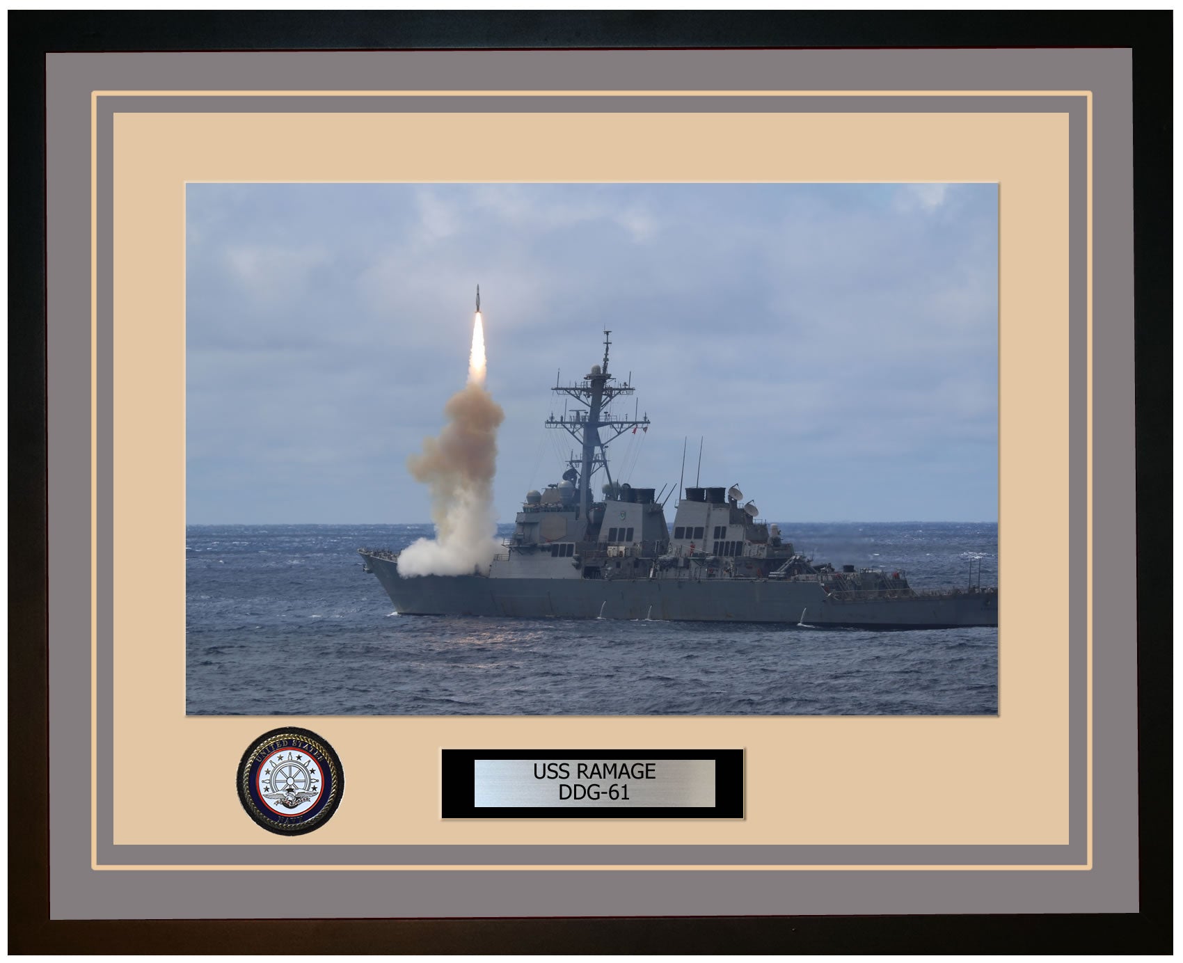 USS RAMAGE DDG-61 Framed Navy Ship Photo Grey