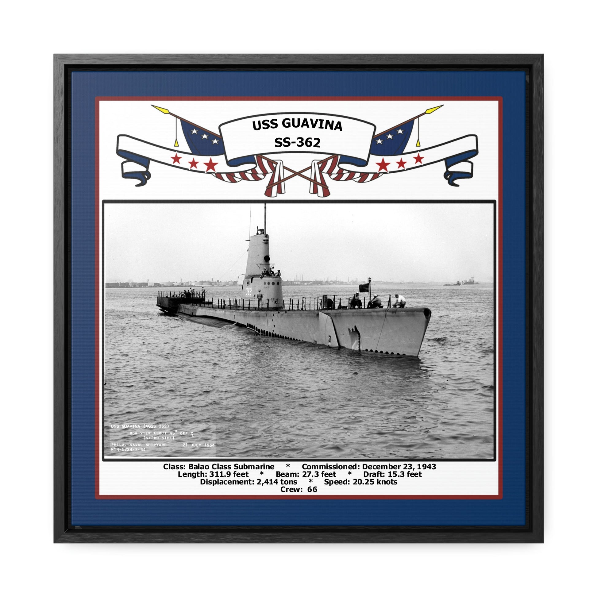 USS Guavina SS-362 Navy Floating Frame Photo Front View