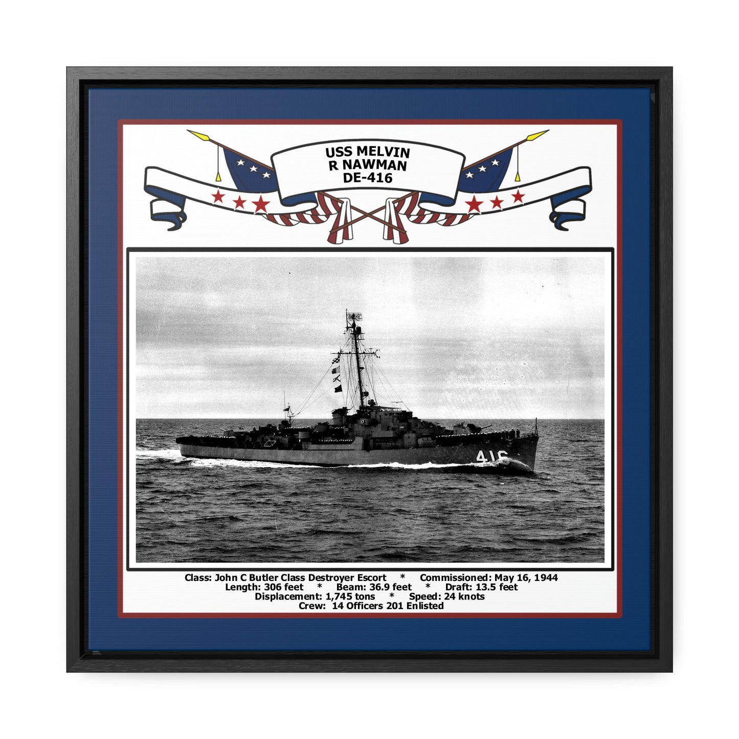USS Melvin R Nawman DE-416 Navy Floating Frame Photo Front View