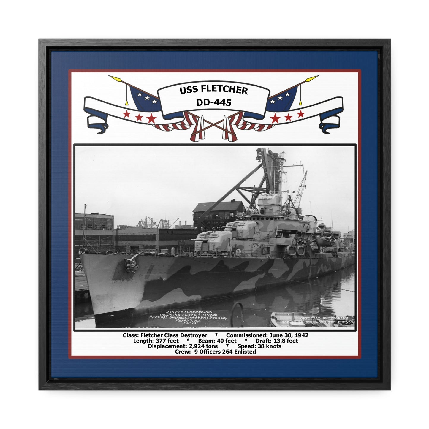USS Fletcher DD-445 Navy Floating Frame Photo Front View