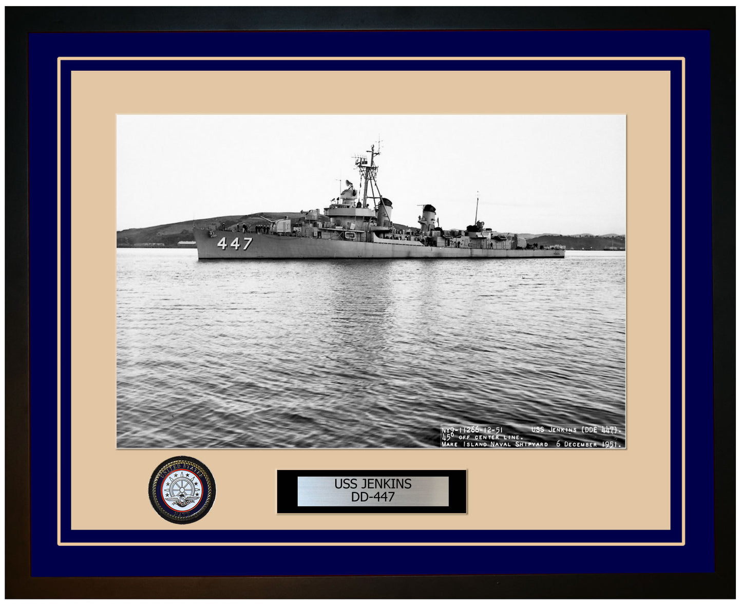 USS JENKINS DD-447 Framed Navy Ship Photo Blue
