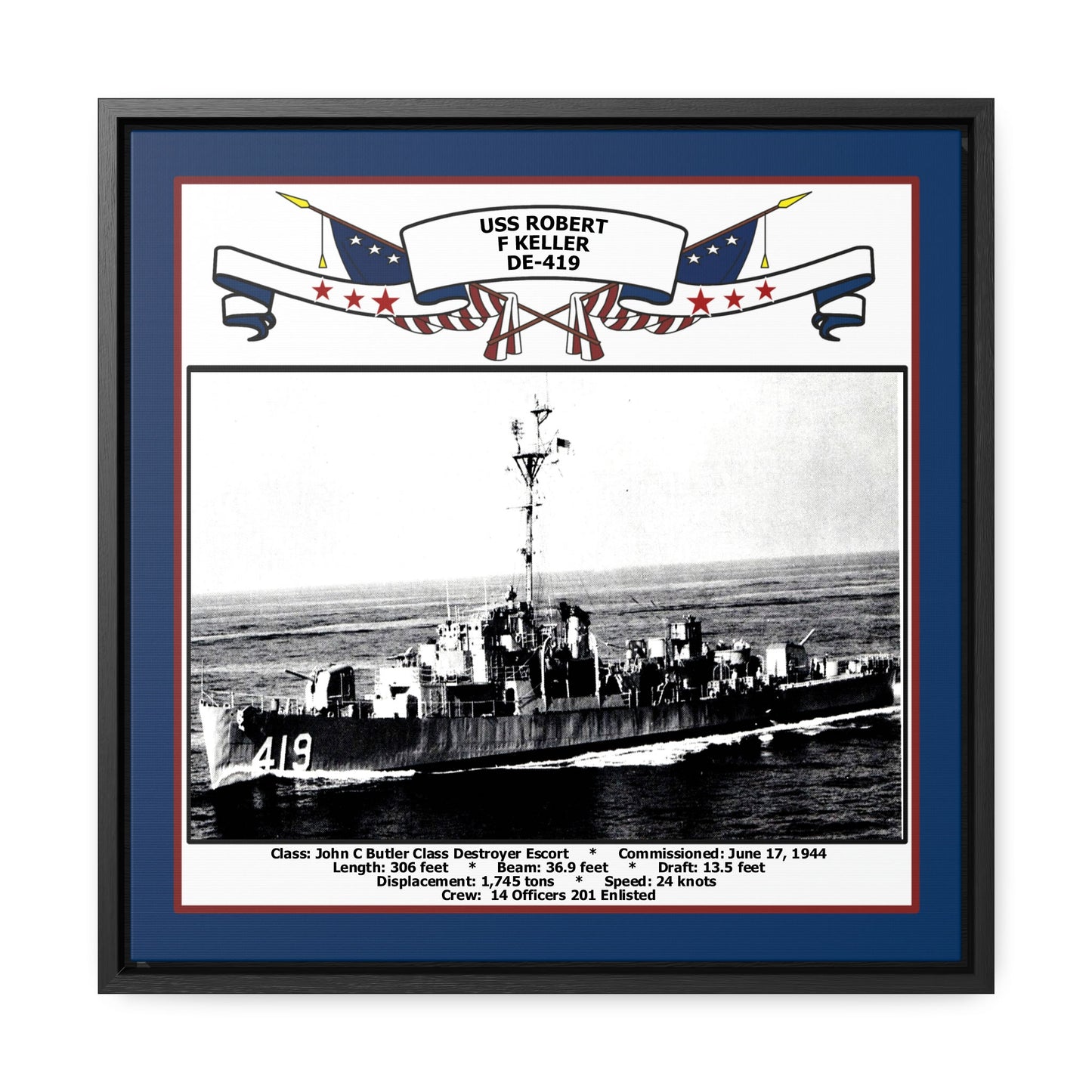 USS Robert F Keller DE-419 Navy Floating Frame Photo Front View