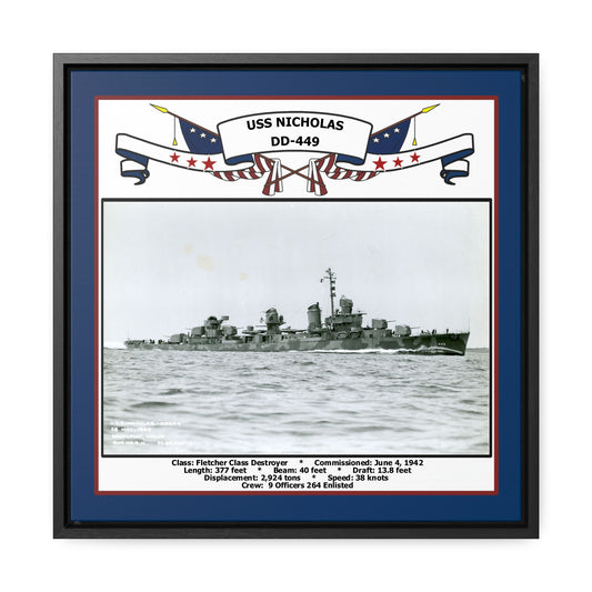 USS Nicholas DD-449 Navy Floating Frame Photo Front View
