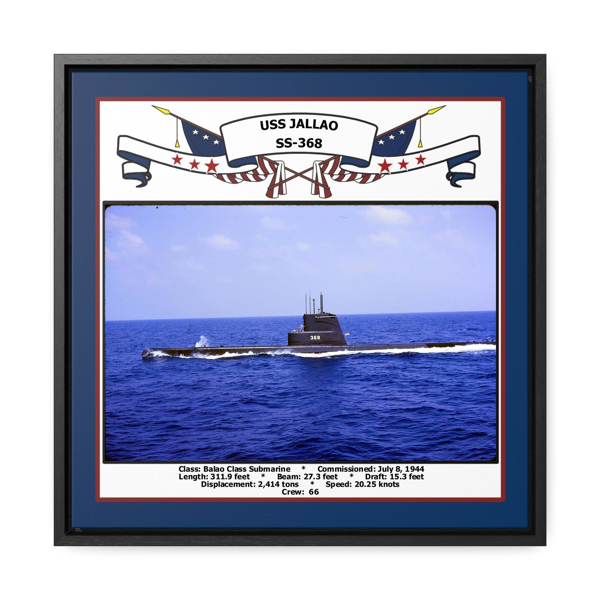 USS Jallao SS-368 Navy Floating Frame Photo Front View