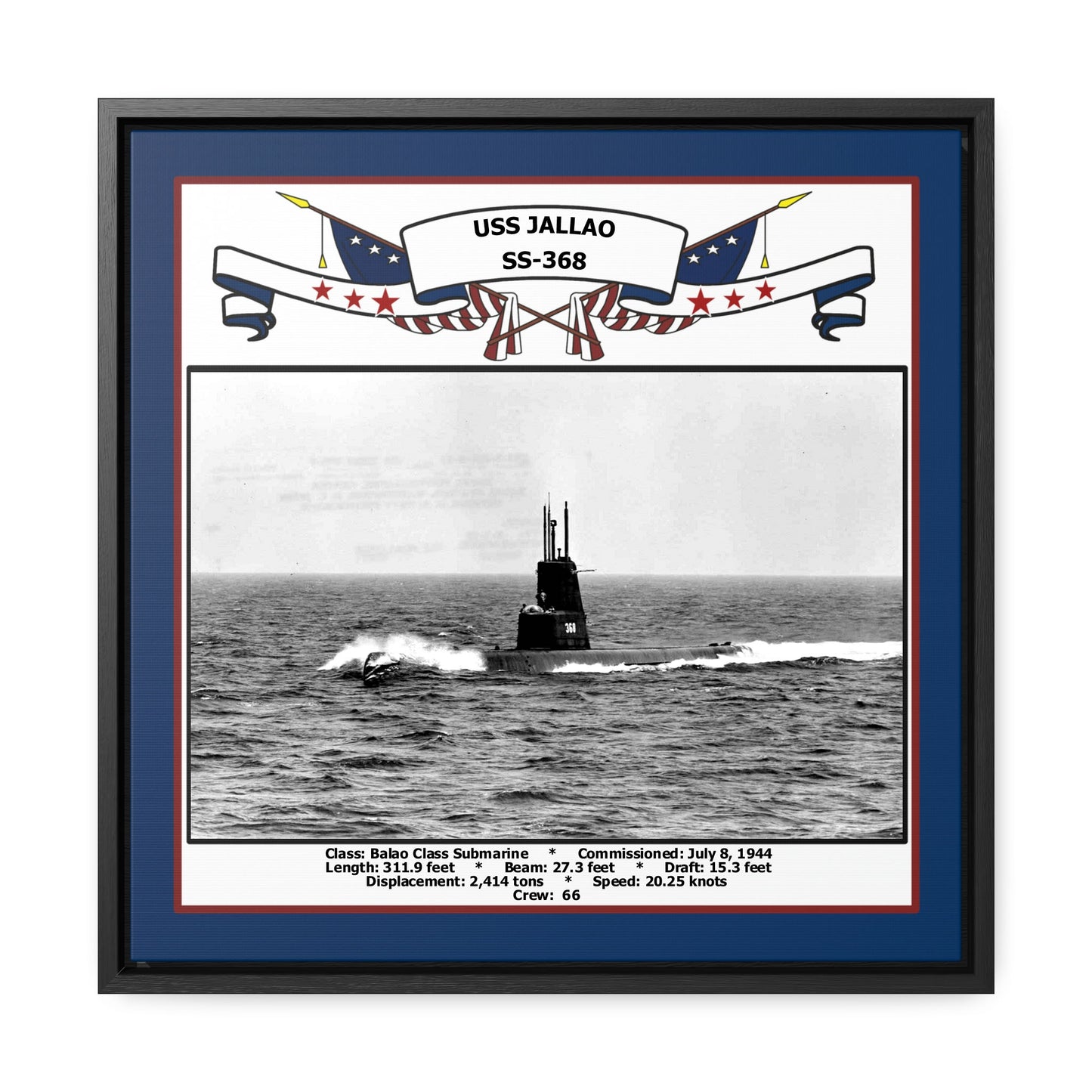 USS Jallao SS-368 Navy Floating Frame Photo Front View