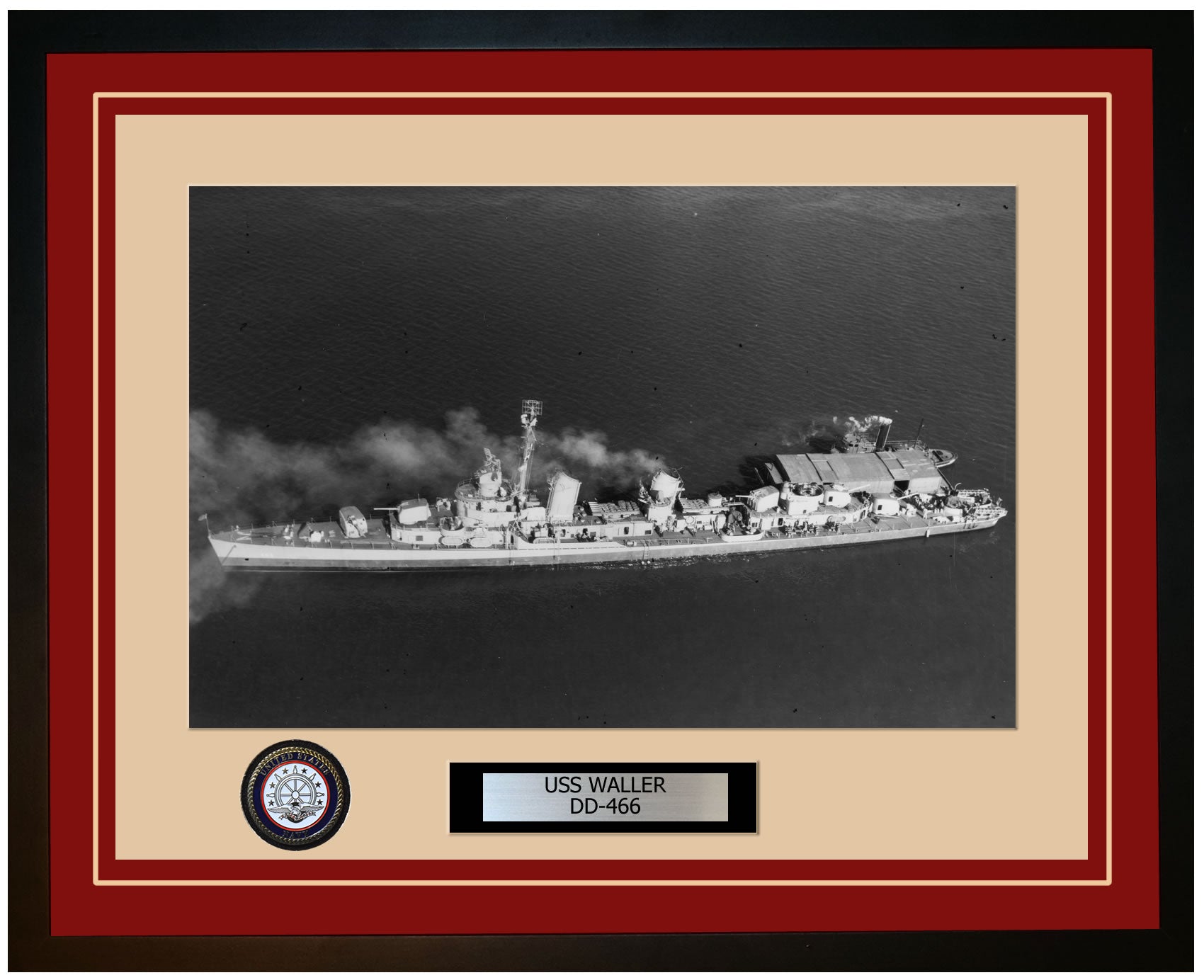 USS WALLER DD-466 Framed Navy Ship Photo Burgundy