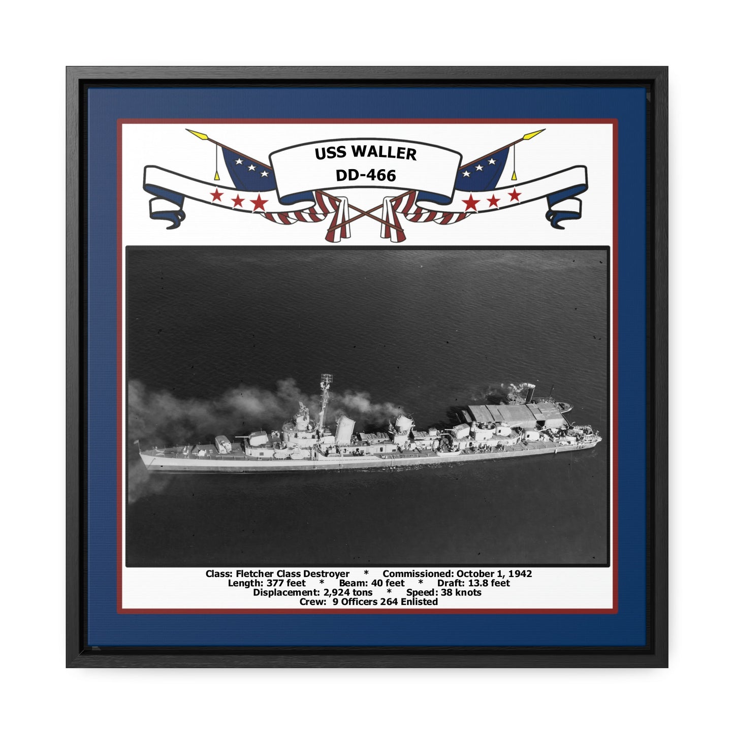 USS Waller DD-466 Navy Floating Frame Photo Front View