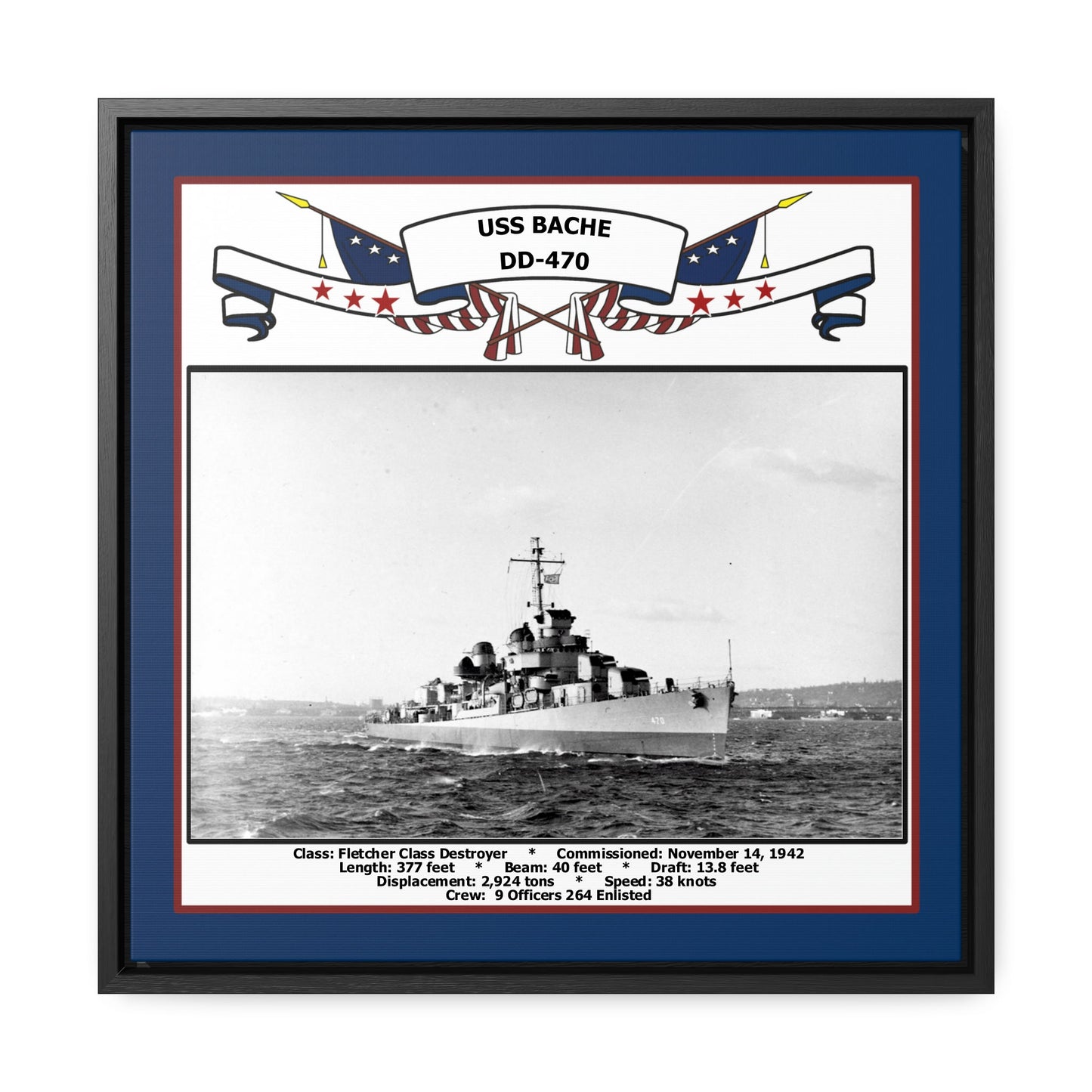 USS Bache DD-470 Navy Floating Frame Photo Front View