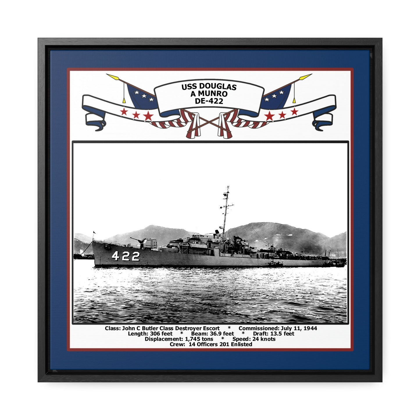 USS Douglas A Munro DE-422 Navy Floating Frame Photo Front View