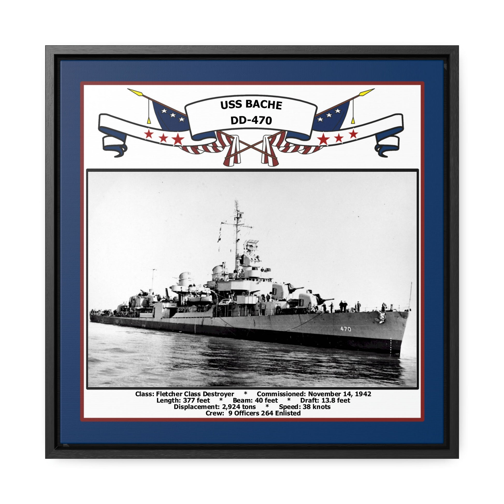 USS Bache DD-470 Navy Floating Frame Photo Front View
