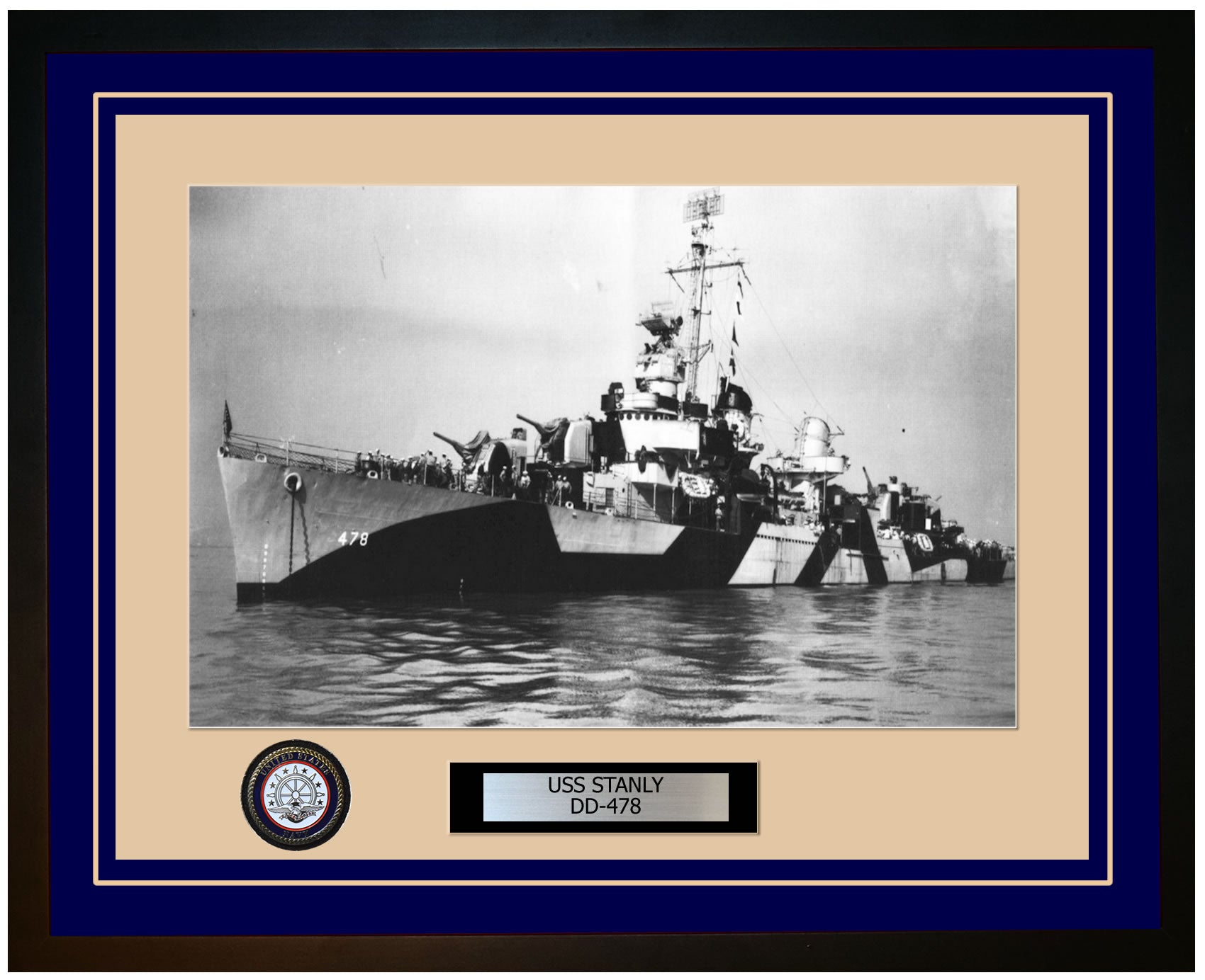 USS STANLY DD-478 Framed Navy Ship Photo Blue