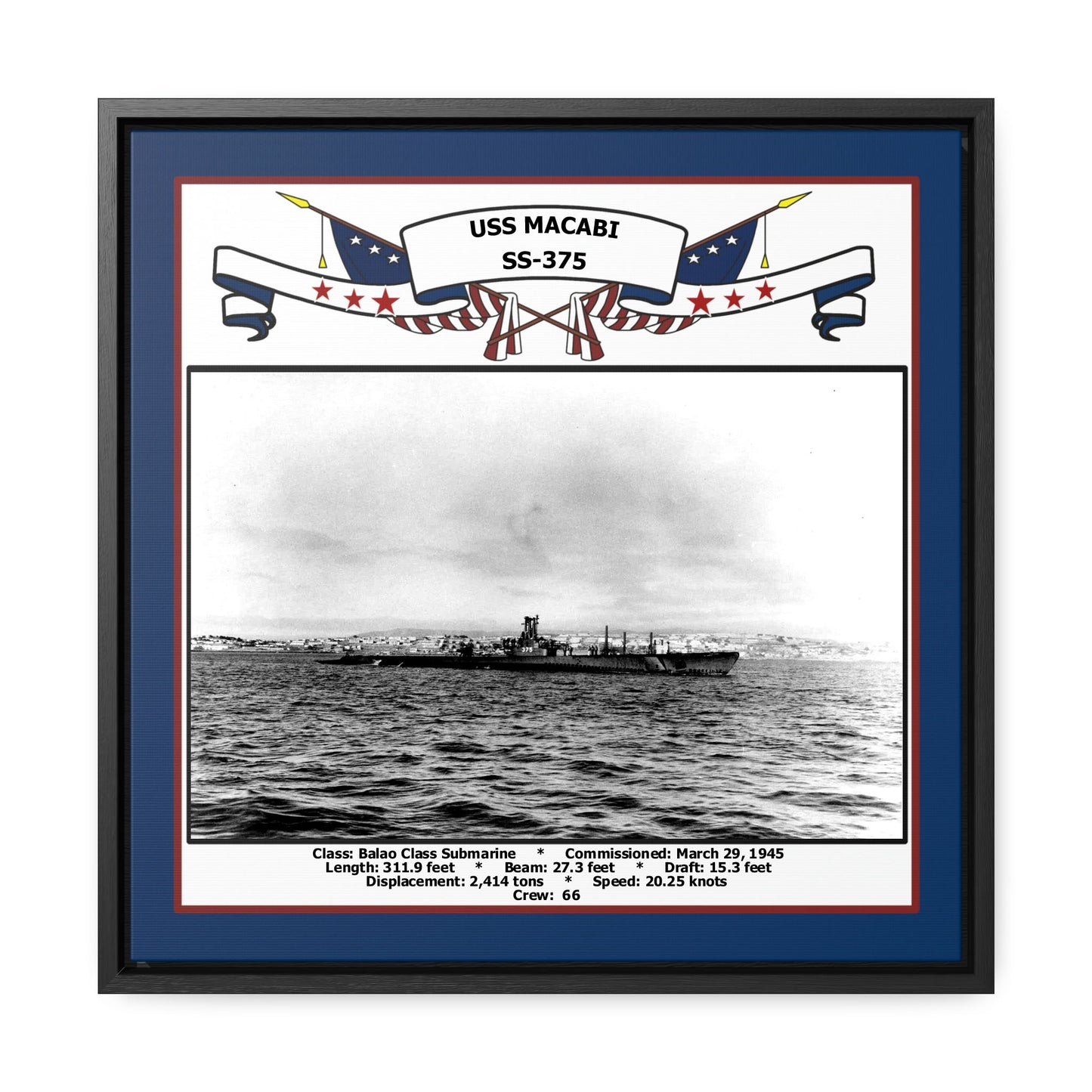 USS Macabi SS-375 Navy Floating Frame Photo Front View