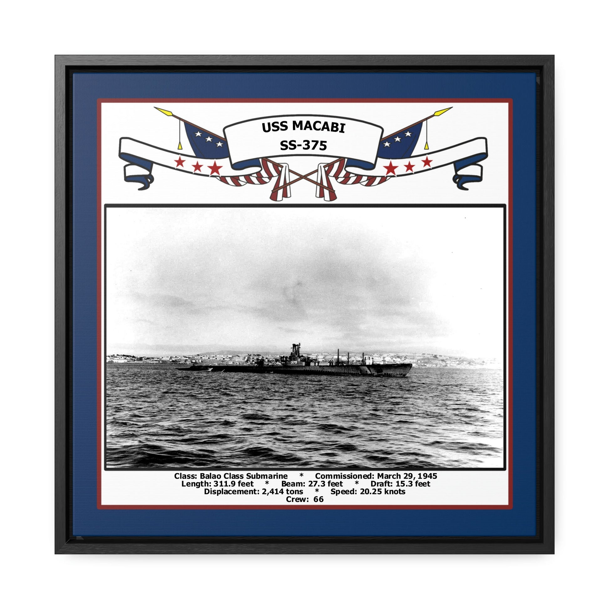 USS Macabi SS-375 Navy Floating Frame Photo Front View