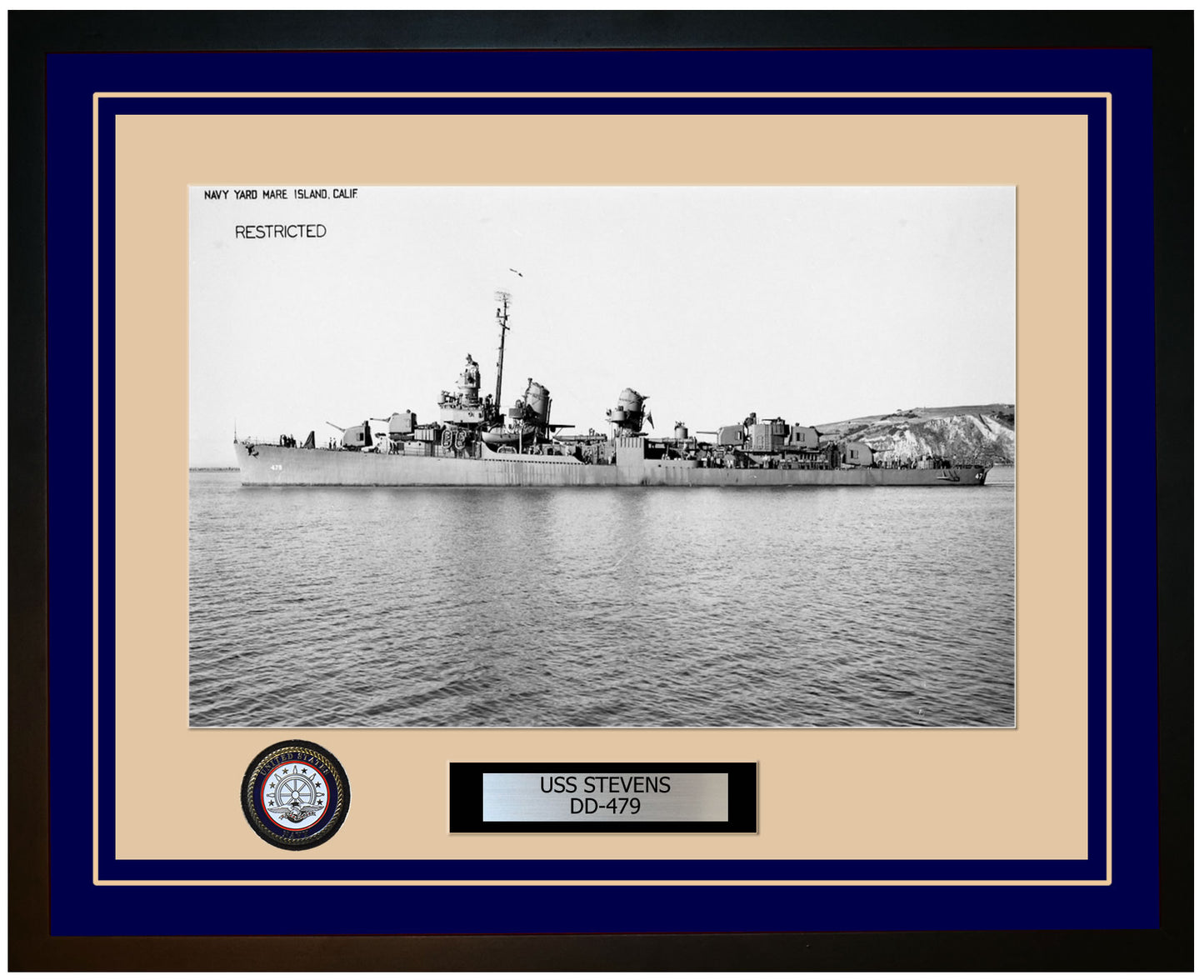 USS STEVENS DD-479 Framed Navy Ship Photo Blue