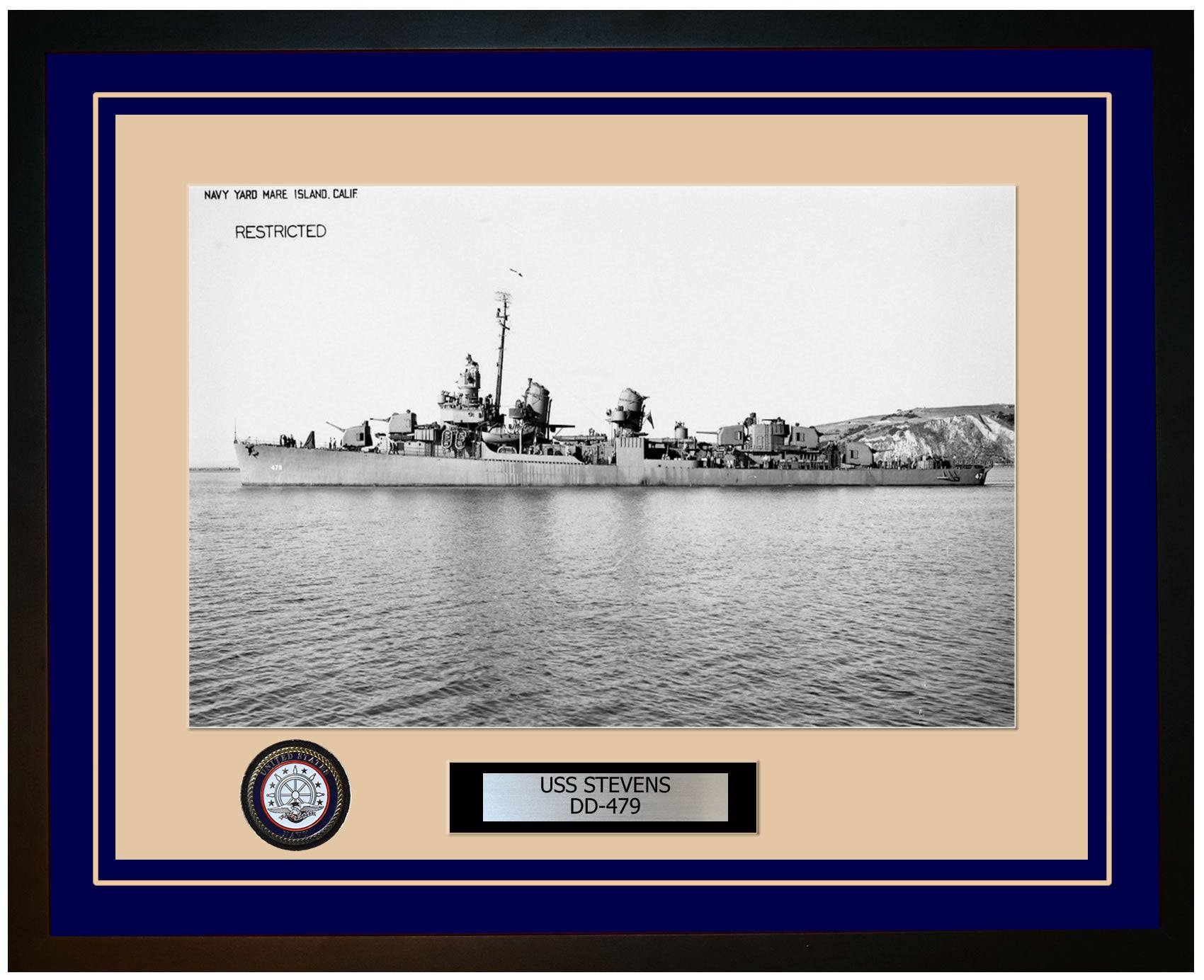 USS STEVENS DD-479 Framed Navy Ship Photo Blue