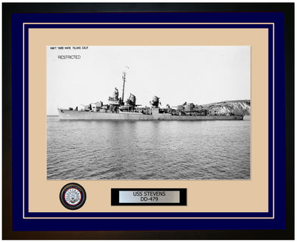 USS STEVENS DD-479 Framed Navy Ship Photo Blue