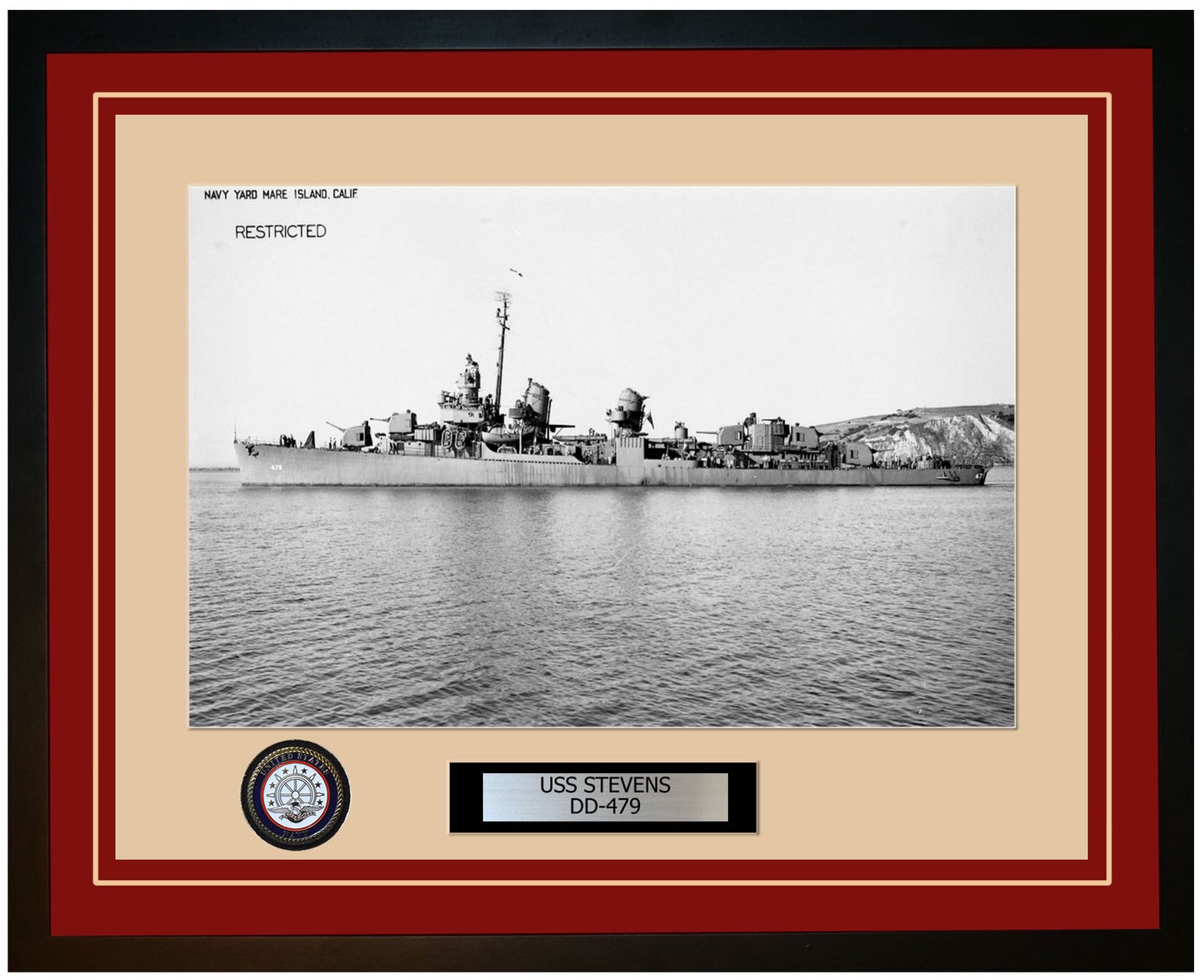 USS STEVENS DD-479 Framed Navy Ship Photo Burgundy