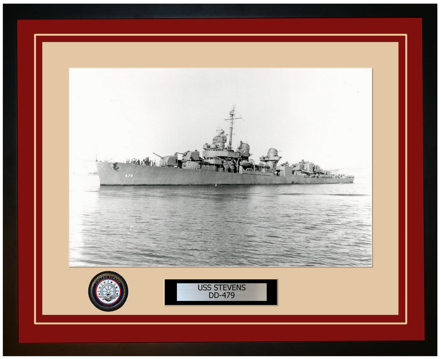 USS STEVENS DD-479 Framed Navy Ship Photo Burgundy